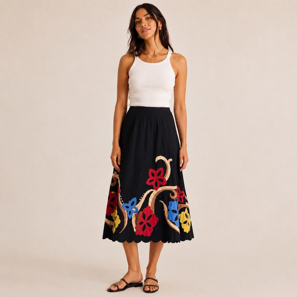 Sunny Taylor Y2K Black Floral Appliqué Scallop A-Line Skirt 6 NWT